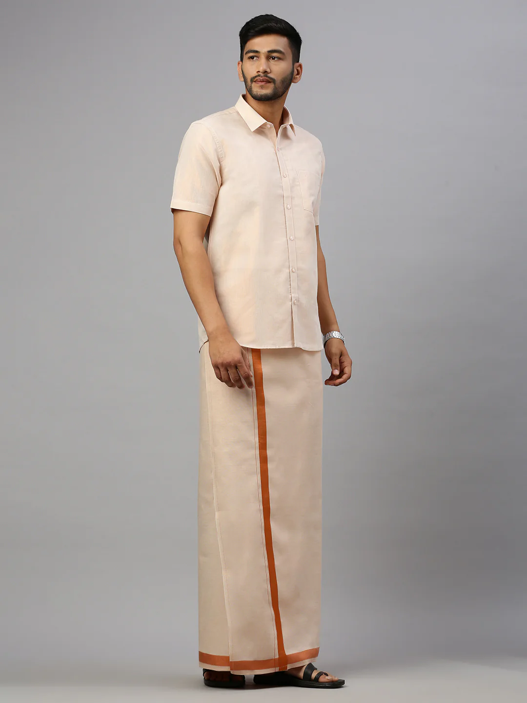 Men Copper Tissue Half Sleeves Shirt with Readymade Dhoti Combo - Image 3