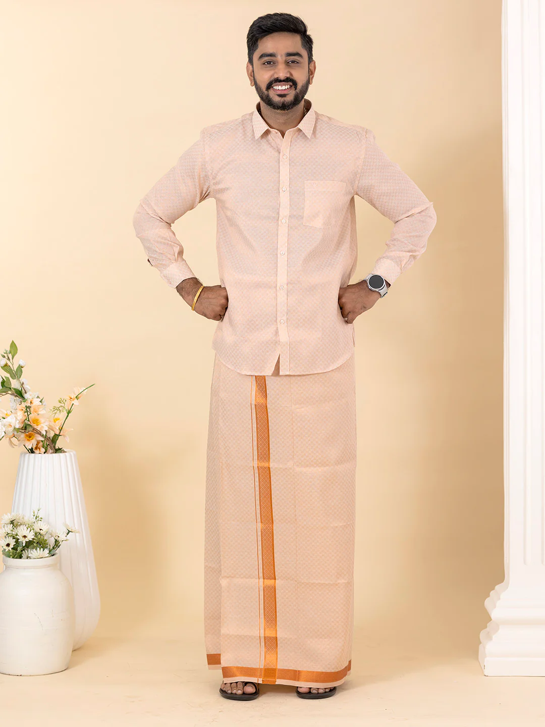 Men Copper Tissue Jacquard Full Sleeves Shirt with Matching Dhoti Set CD11 - Image 2
