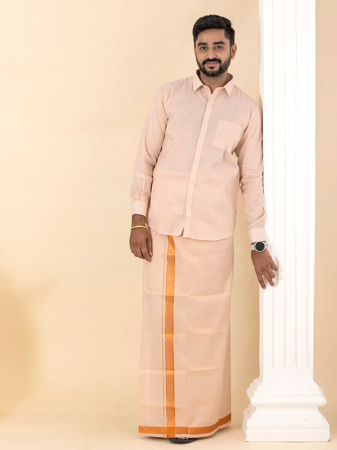 Men Copper Tissue Jacquard Full Sleeves Shirt with Matching Dhoti Set CD11 - Image 5