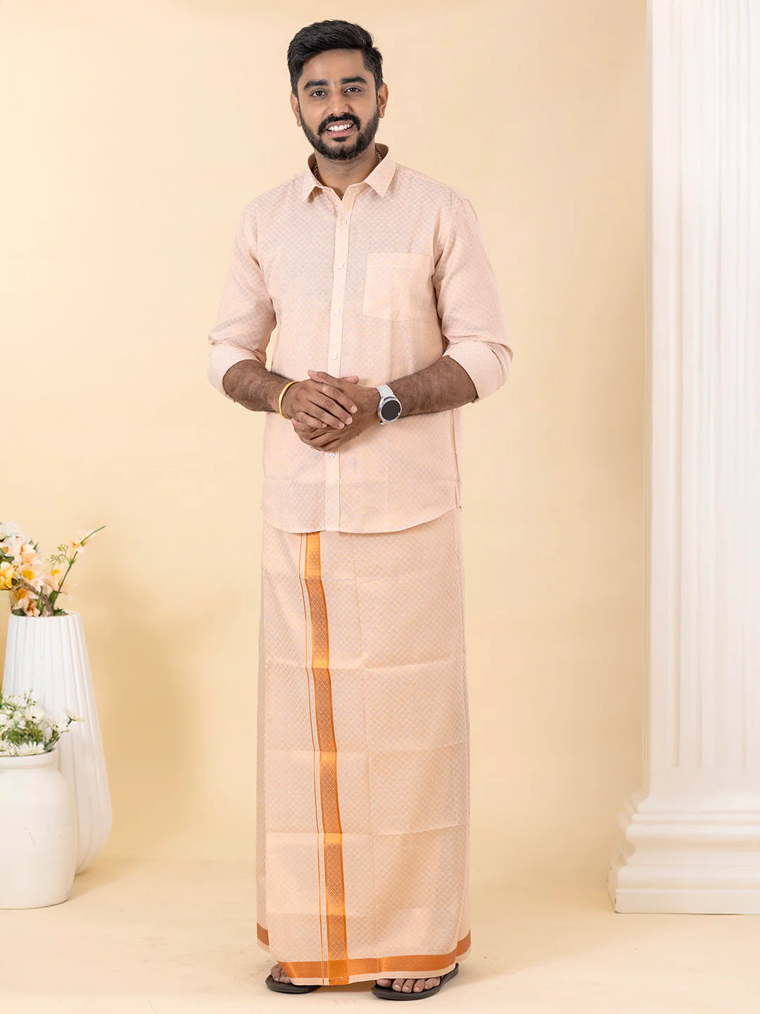 Men Copper Tissue Jacquard Full Sleeves Shirt with Matching Dhoti Set CD11 - Image 6