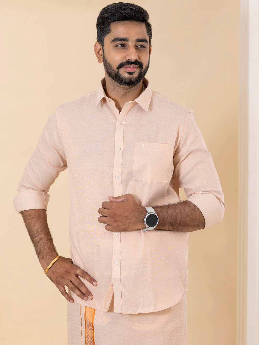 Men Copper Tissue Jacquard Full Sleeves Shirt with Matching Dhoti Set CD12 - Image 2