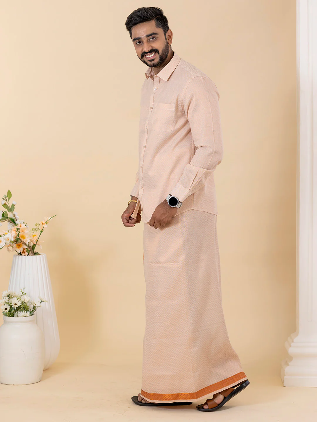 Men Copper Tissue Jacquard Full Sleeves Shirt with Matching Dhoti Set CD12 - Image 6