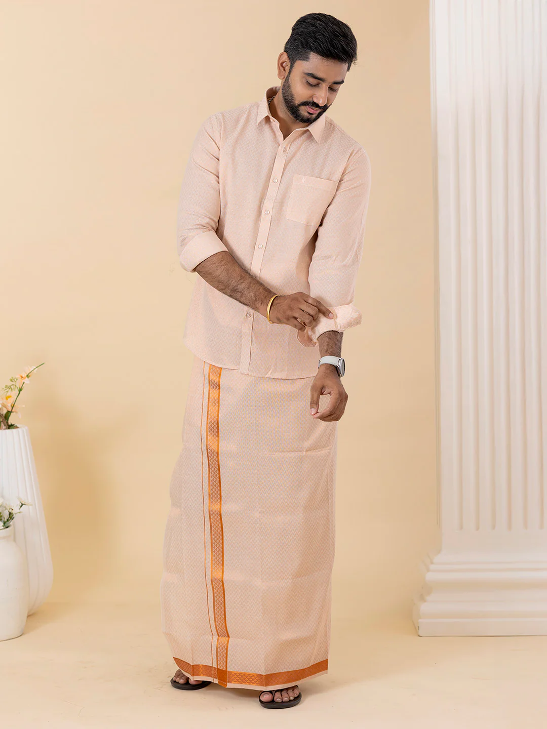 Men Copper Tissue Jacquard Full Sleeves Shirt with Matching Dhoti Set CD12 - Image 7