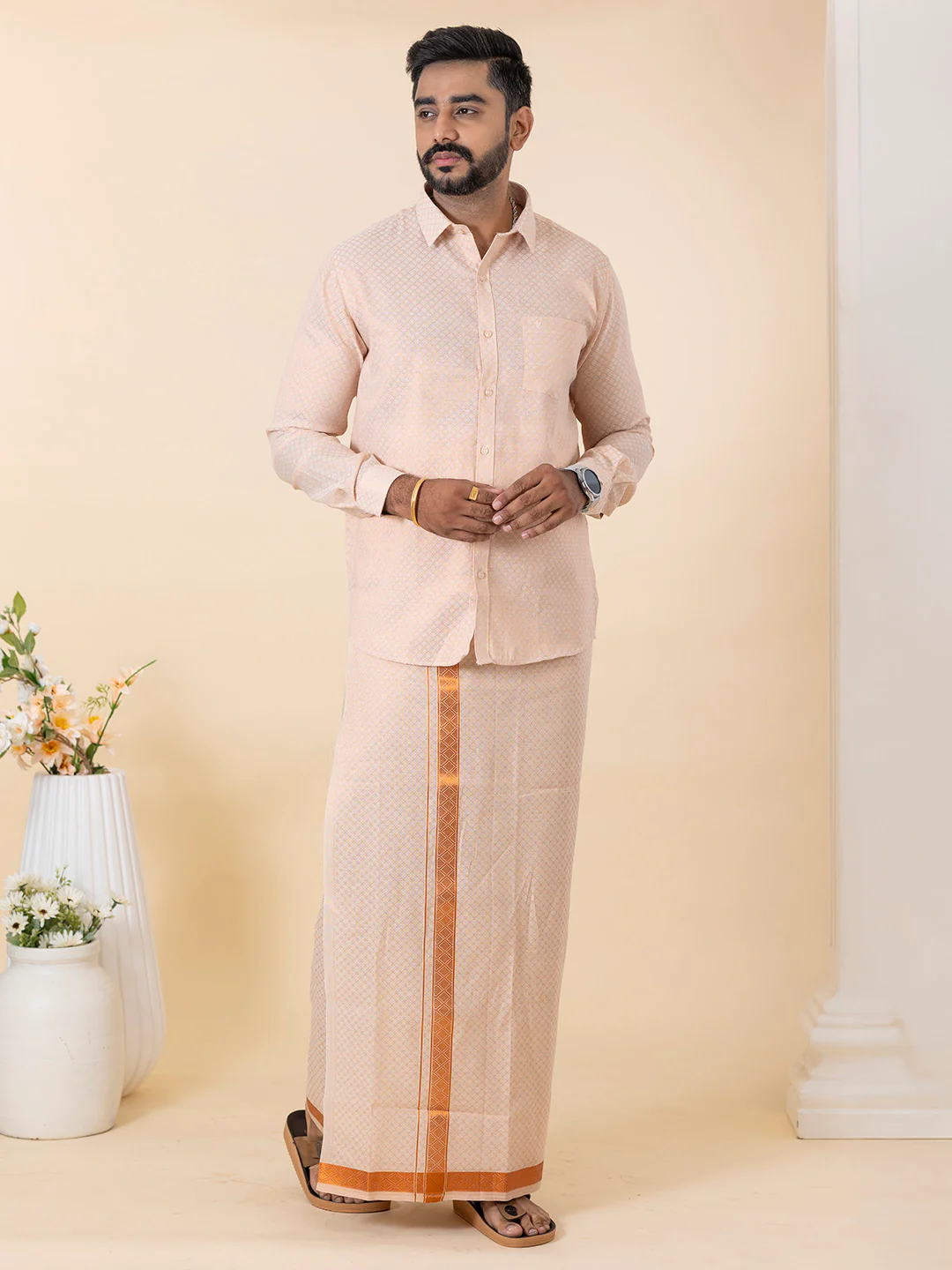Men Copper Tissue Jacquard Full Sleeves Shirt with Matching Dhoti Set CD13 - Image 2