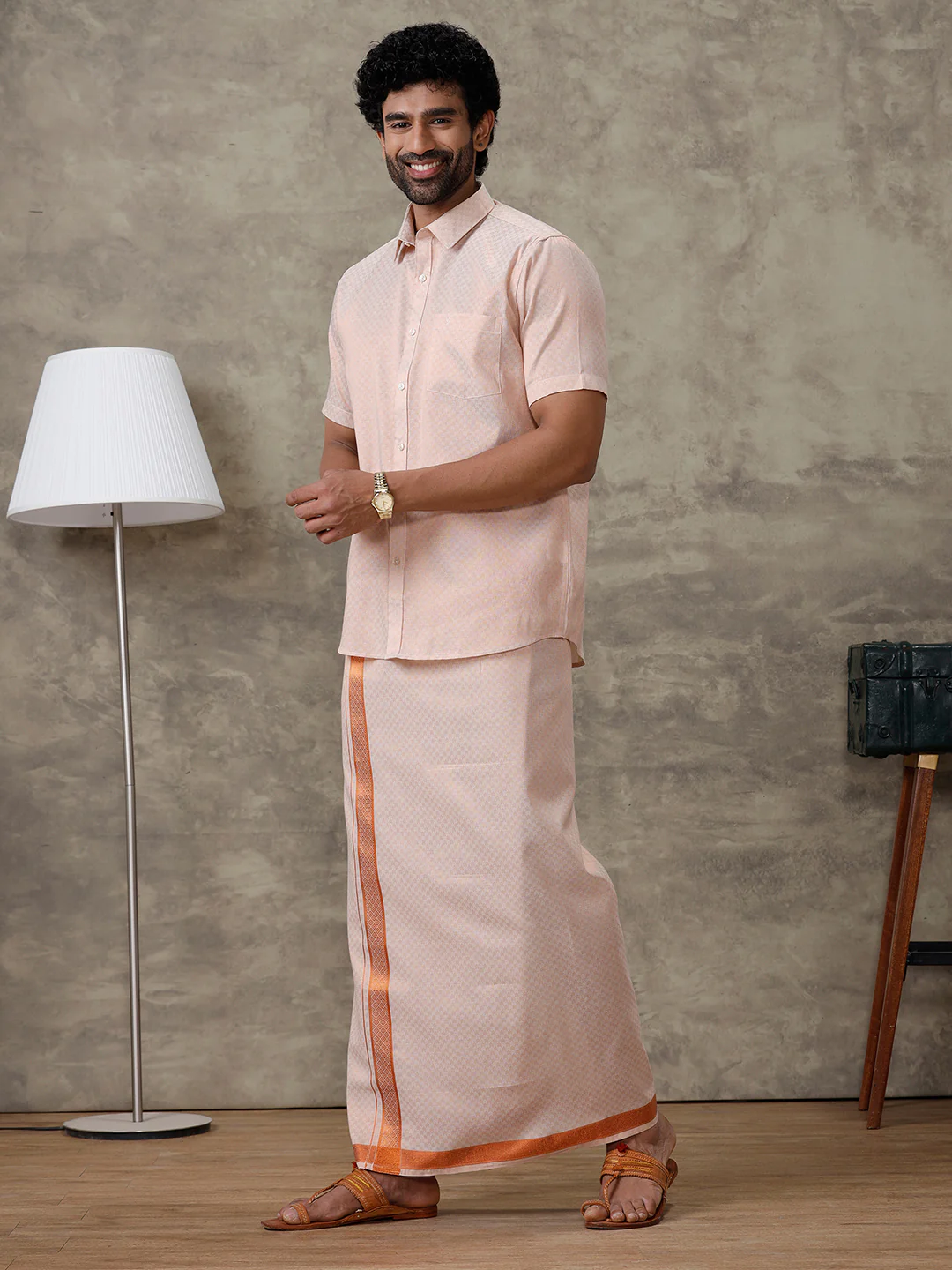 Men Copper Tissue Jacquard Half Sleeves Shirt with Matching Dhoti Set CD11 - Image 2