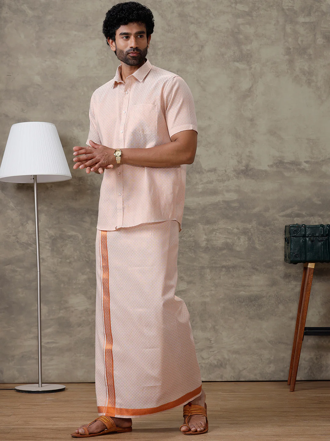 Men Copper Tissue Jacquard Half Sleeves Shirt with Matching Dhoti Set CD11 - Image 6