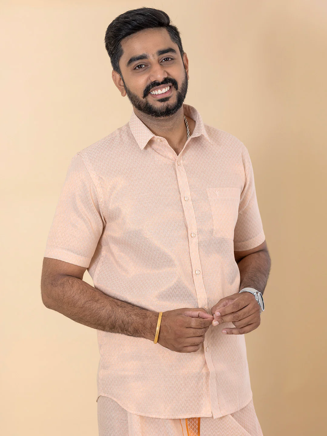 Men Copper Tissue Jacquard Half Sleeves Shirt with Matching Dhoti Set CD12 - Image 2