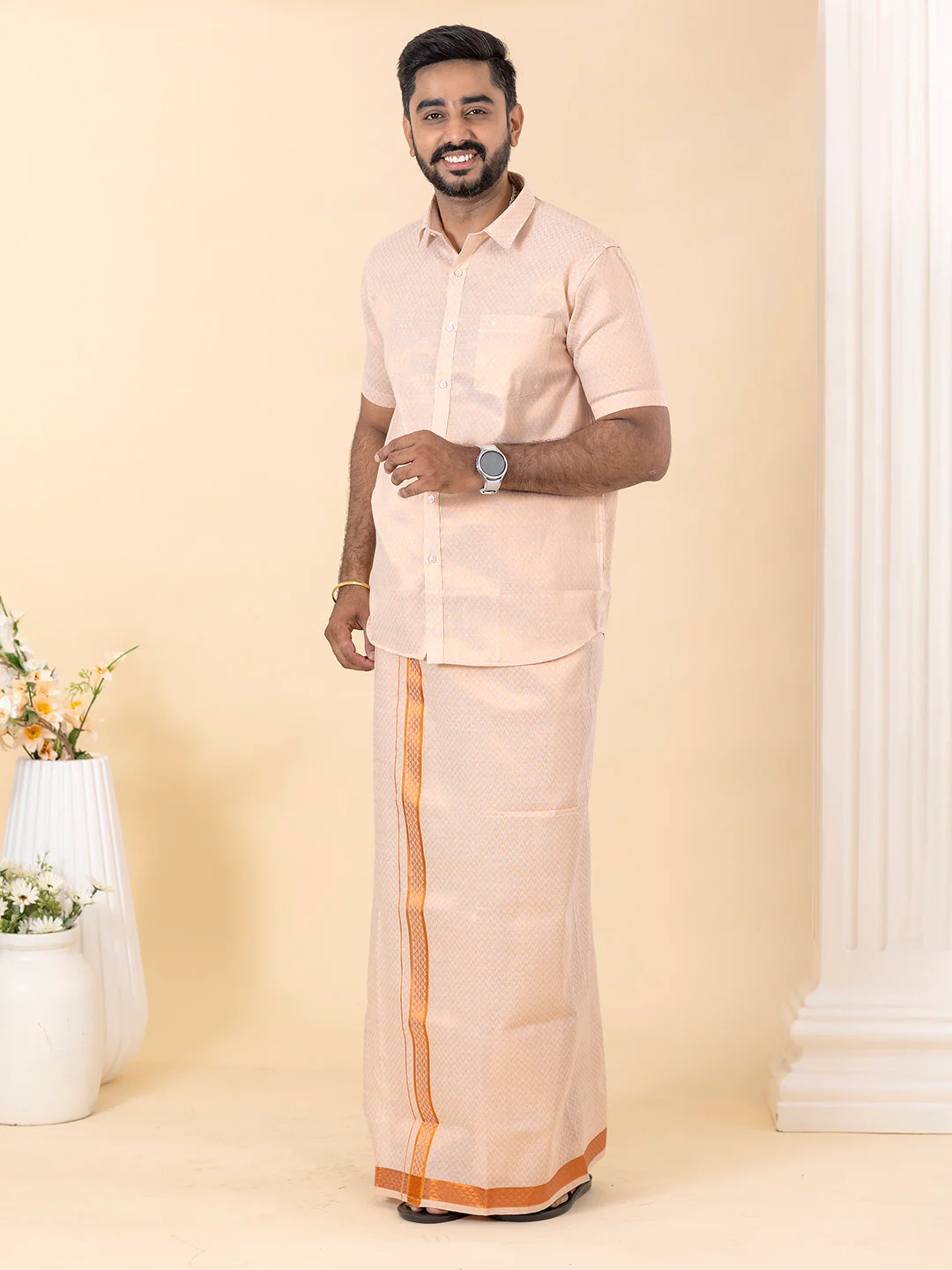 Men Copper Tissue Jacquard Half Sleeves Shirt with Matching Dhoti Set CD12 - Image 3