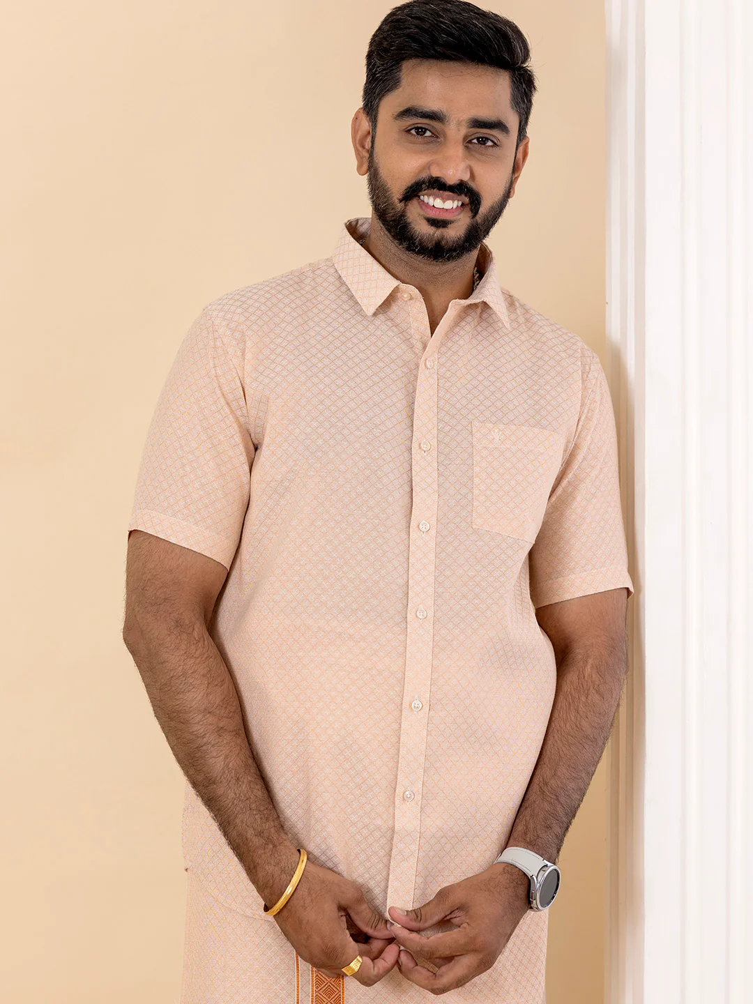Men Copper Tissue Jacquard Half Sleeves Shirt with Matching Dhoti Set CD13 - Image 3
