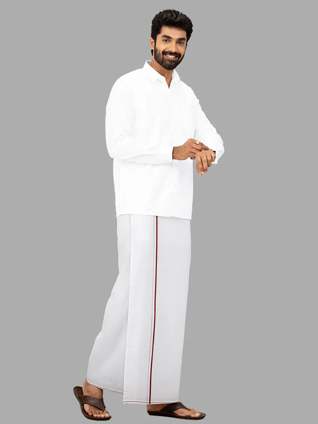 Men Cotton Blend 8-Meter White Dhoti with Assorted Border - Image 4