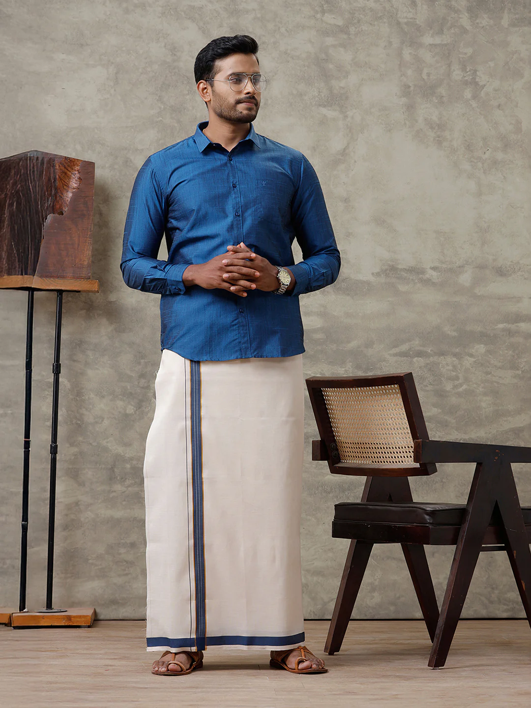 Men Cotton Blend Dark Blue Shirt and Tissue Dhoti Set VB9