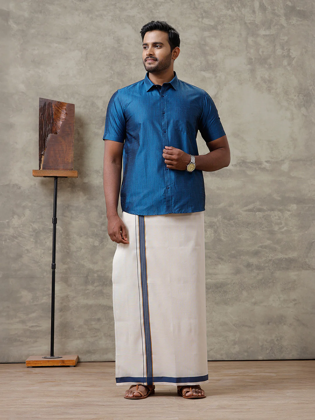 Men Cotton Blend Dark Blue Shirt and Tissue Dhoti Set VB9 - Image 2