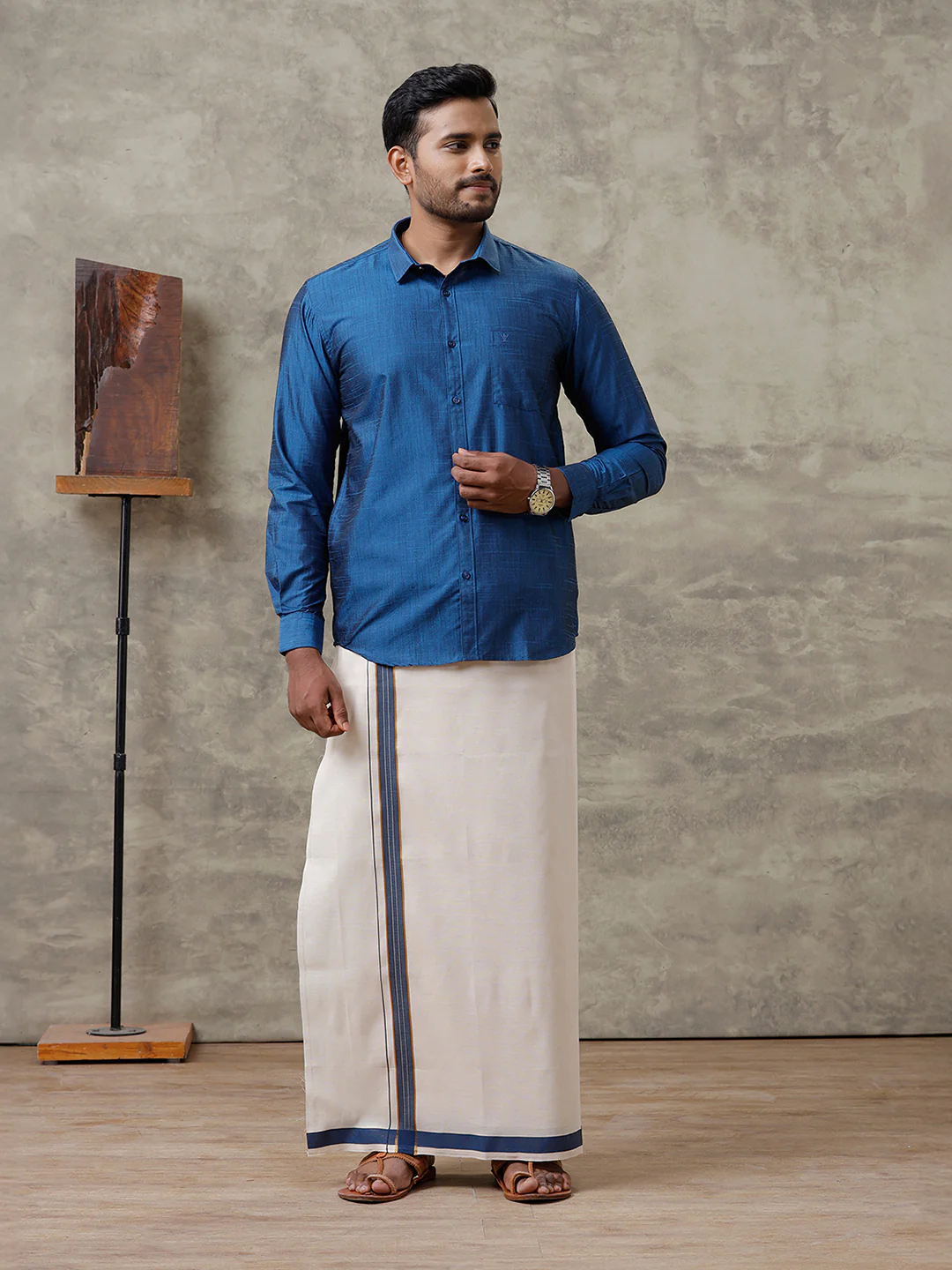 Men Cotton Blend Dark Blue Shirt and Tissue Dhoti Set VB9 - Image 3
