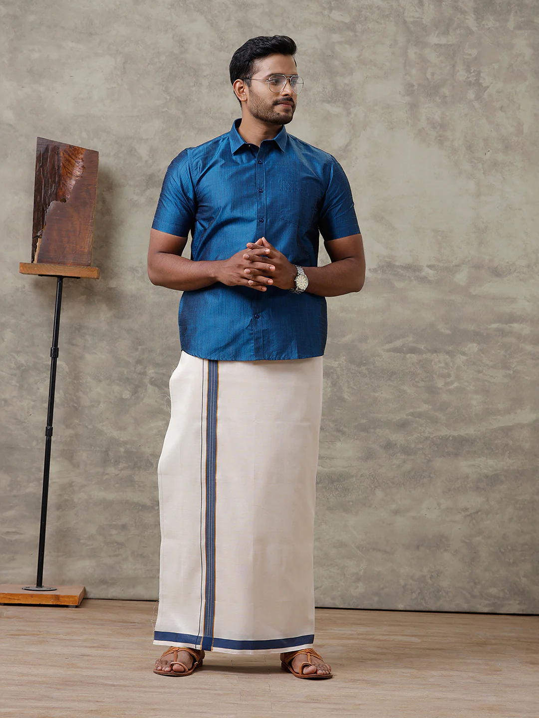 Men Cotton Blend Dark Blue Shirt and Tissue Dhoti Set VB9 - Image 4