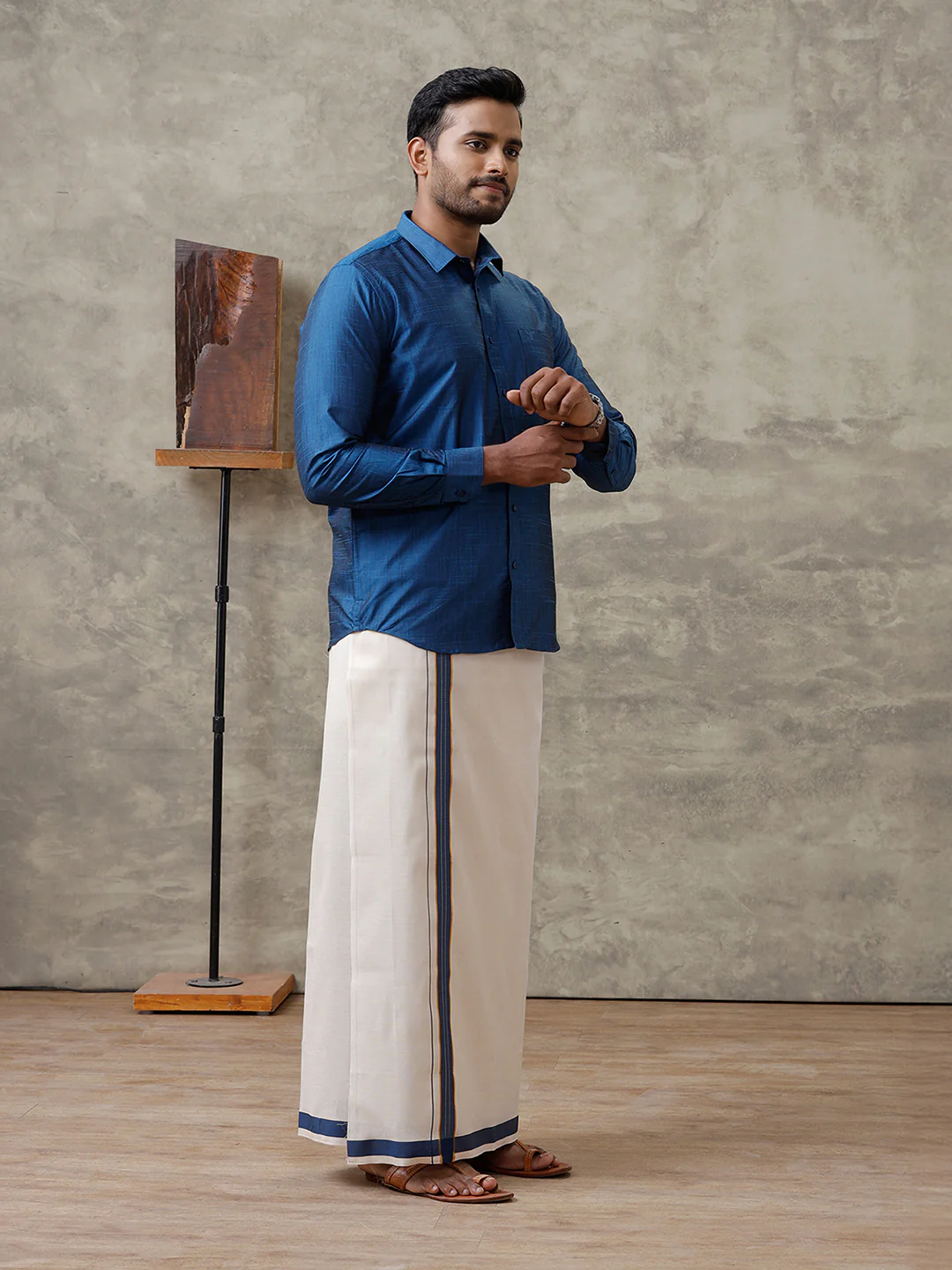 Men Cotton Blend Dark Blue Shirt and Tissue Dhoti Set VB9 - Image 5