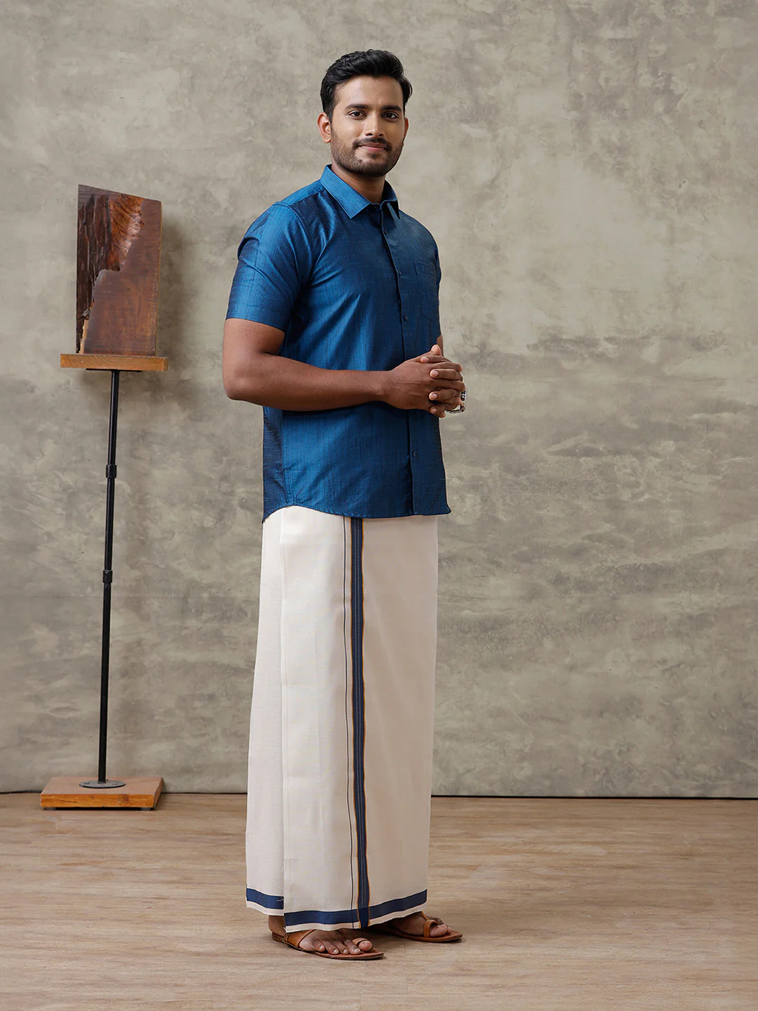 Men Cotton Blend Dark Blue Shirt and Tissue Dhoti Set VB9 - Image 6