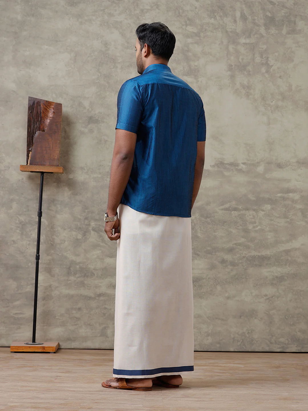 Men Cotton Blend Dark Blue Shirt and Tissue Dhoti Set VB9 - Image 7