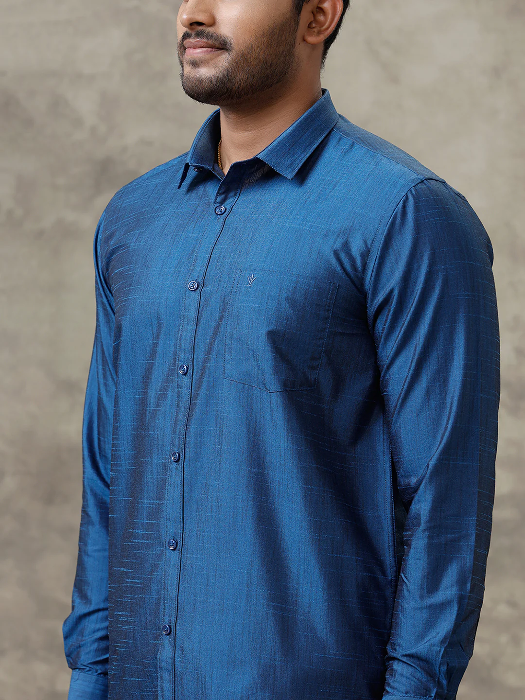 Men Cotton Blend Dark Blue Shirt and Tissue Dhoti Set VB9 - Image 8