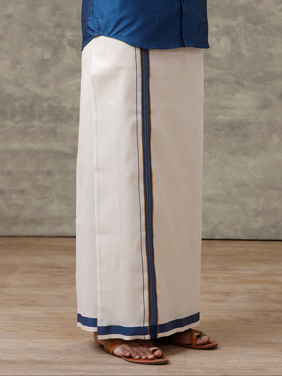 Men Cotton Blend Dark Blue Shirt and Tissue Dhoti Set VB9 - Image 9