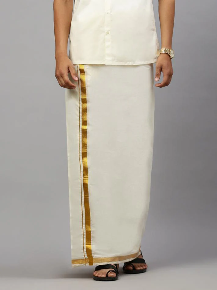 Men Cotton Blend Double Layer Cream Dhoti with 1" Gold Jari Border Golden Mark - Image 3