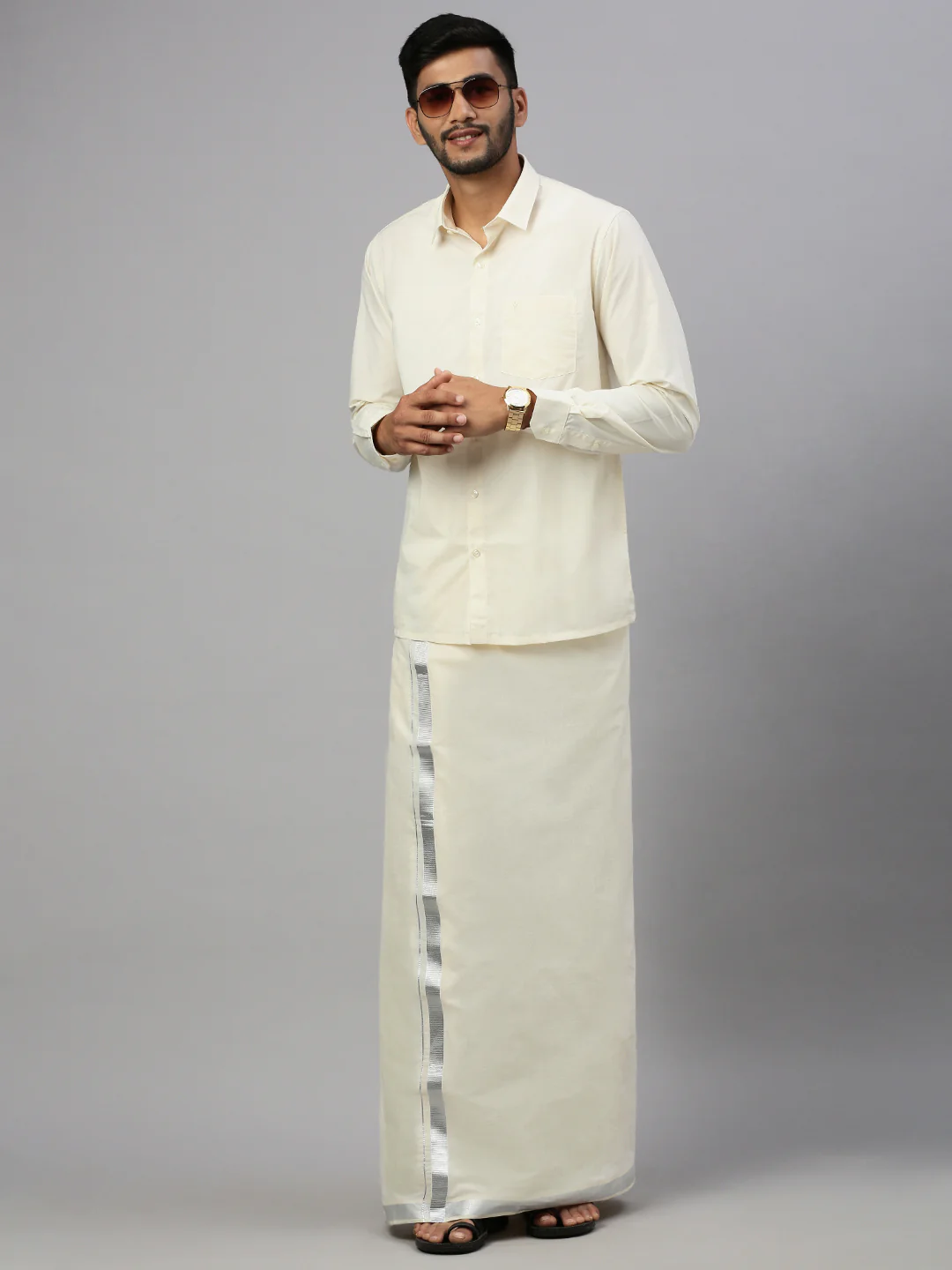 Men Cotton Blend Double Layer Cream Dhoti with 1" Silver Jari Border - Image 5