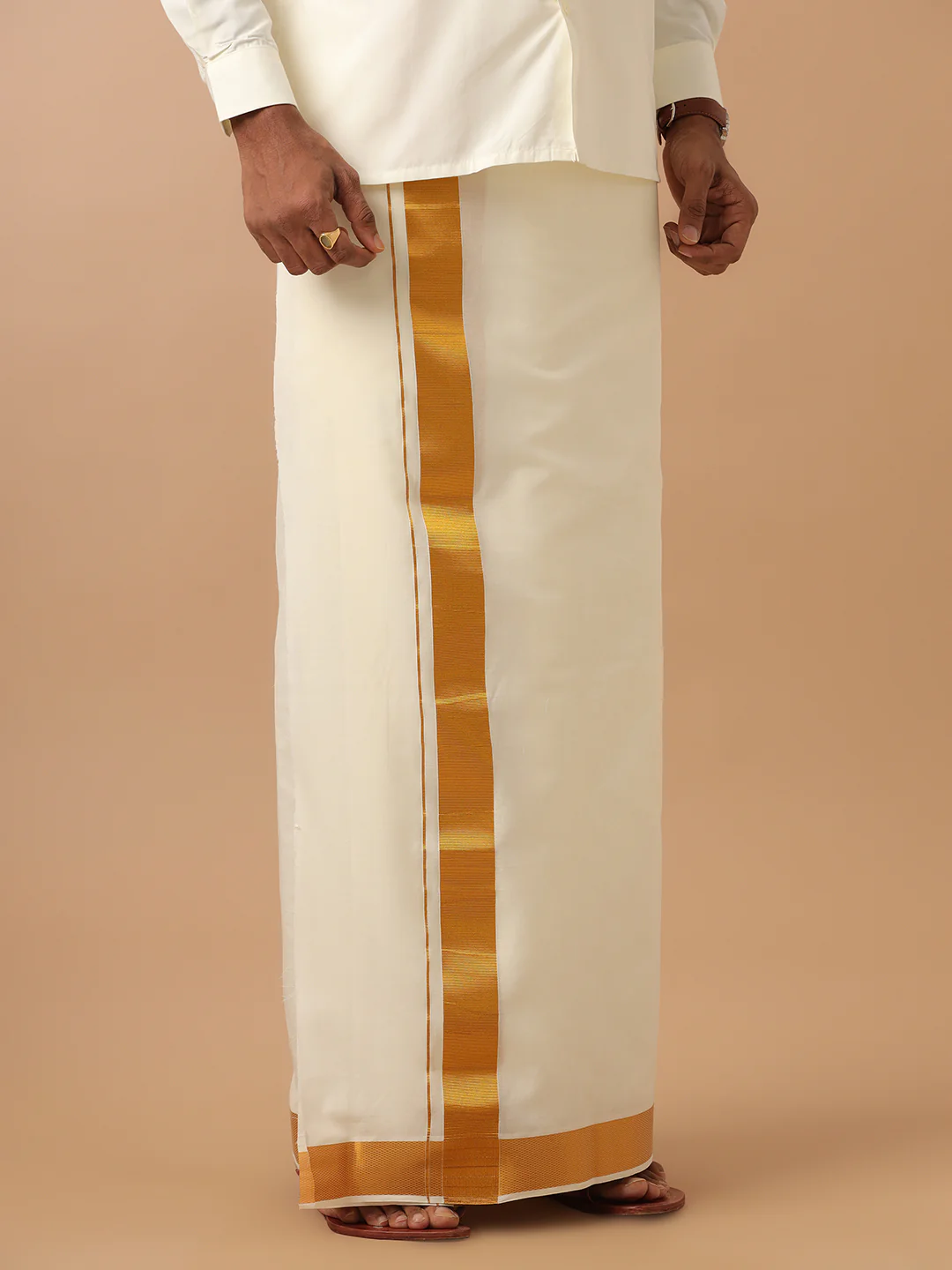 Men Cotton Blend Double Layer Cream Dhoti with 2" Jari Border Gold Fine Pet - Image 2