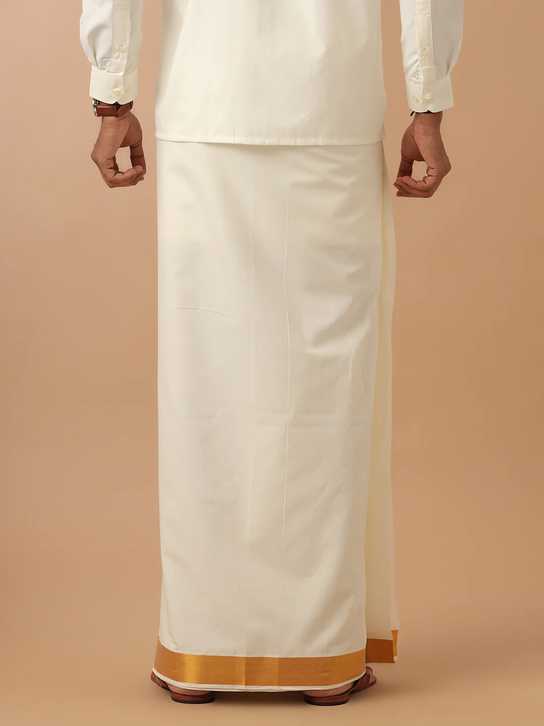 Men Cotton Blend Double Layer Cream Dhoti with 2" Jari Border Gold Fine Pet - Image 3