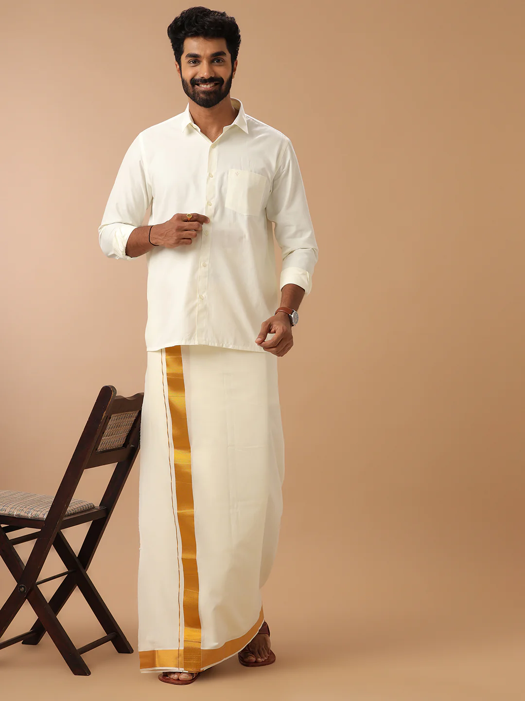 Men Cotton Blend Double Layer Cream Dhoti with 2" Jari Border Gold Fine Pet - Image 4