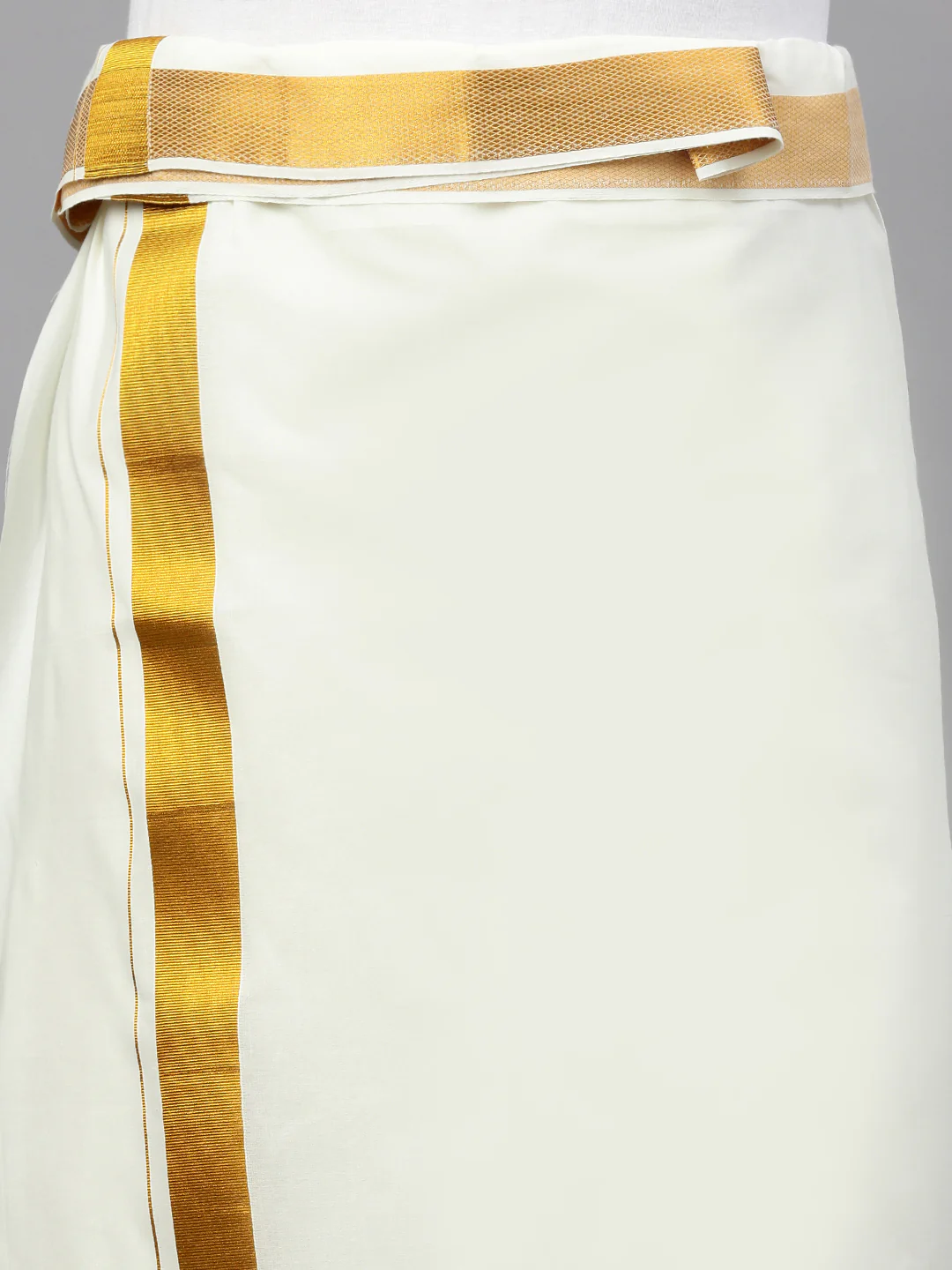 Men Cotton Blend Double Layer Cream Dhoti with 2"Gold Jari Border Bonanza - Image 5