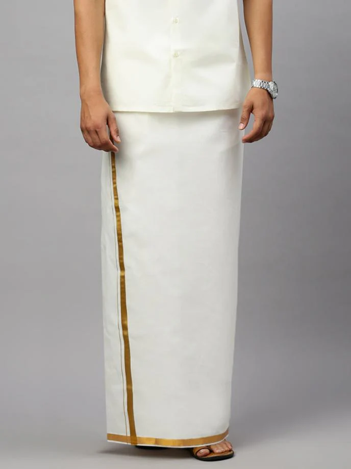 Men Cotton Blend Double Layer Cream Dhoti with 3/4" Jari Border Gold Leaf
