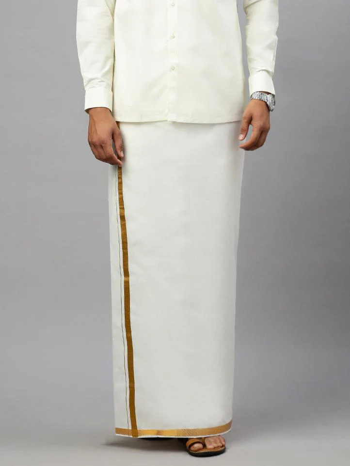Men Cotton Blend Double Layer Cream Dhoti with 3/4" Jari Border Gold Twix