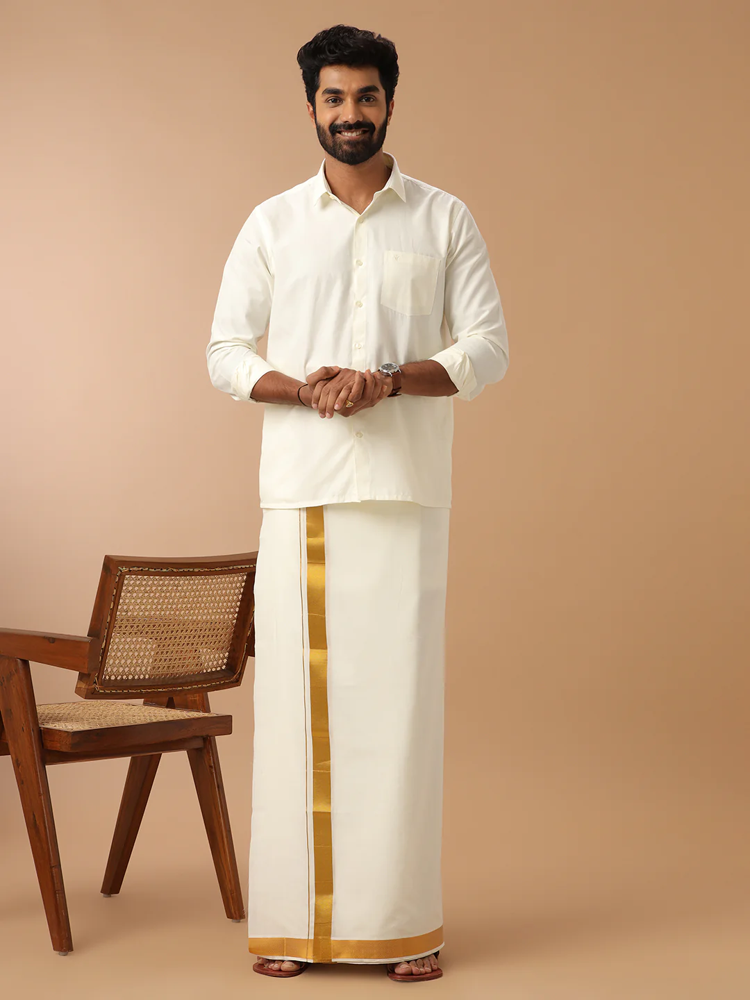 Men Cotton Blend Double Layer Dhoti Cream Dhoti with 1 1/2" Jari Border Gold Fine Pet - Image 2