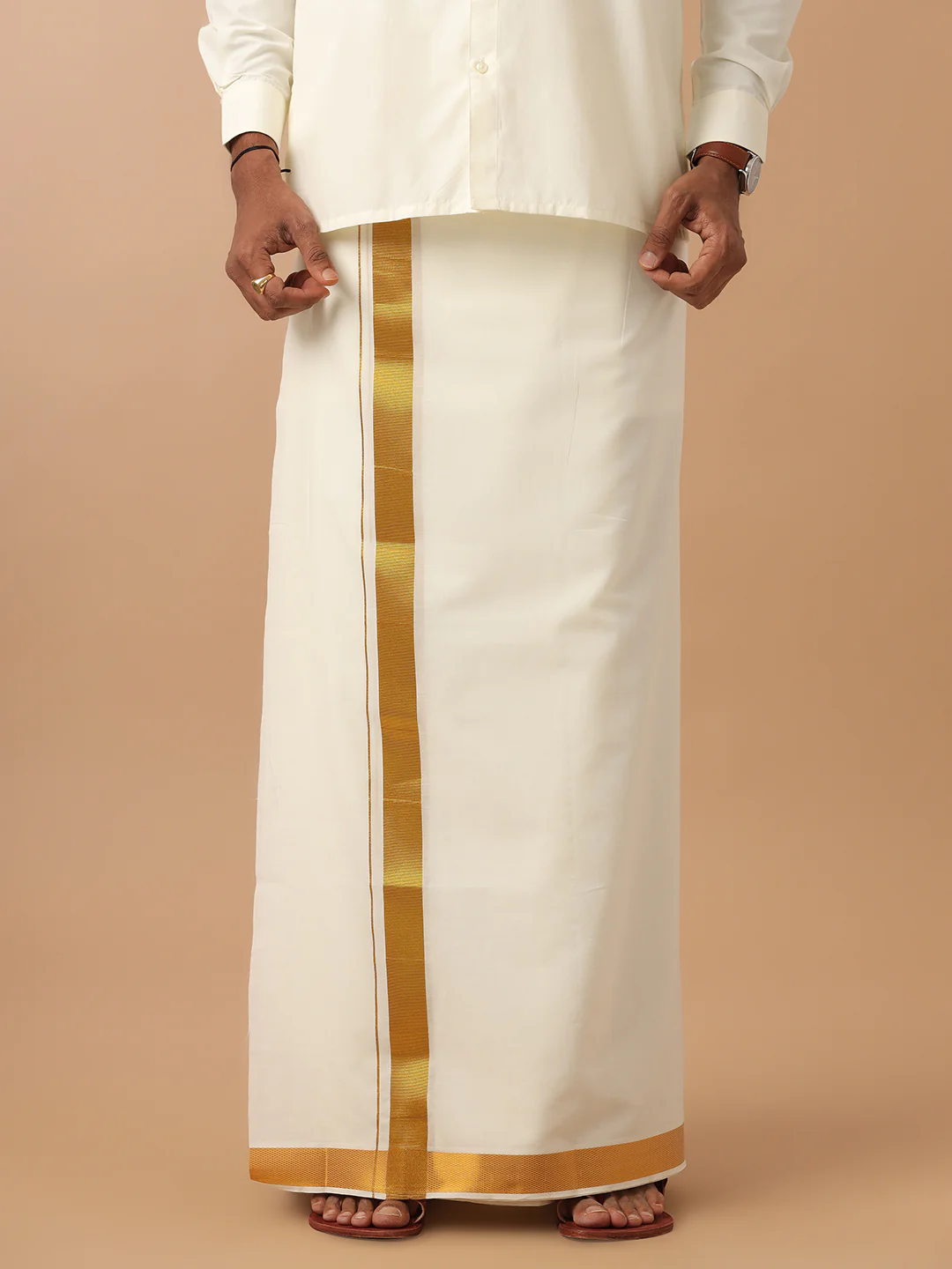 Men Cotton Blend Double Layer Dhoti Cream Dhoti with 1 1/2" Jari Border Gold Fine Pet - Image 3