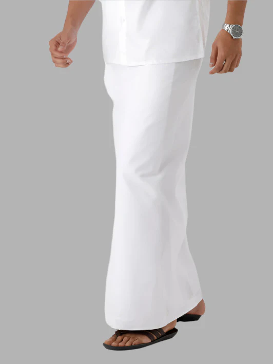Men Linen Cotton Single Layer White Dhoti with Small Border - Image 3