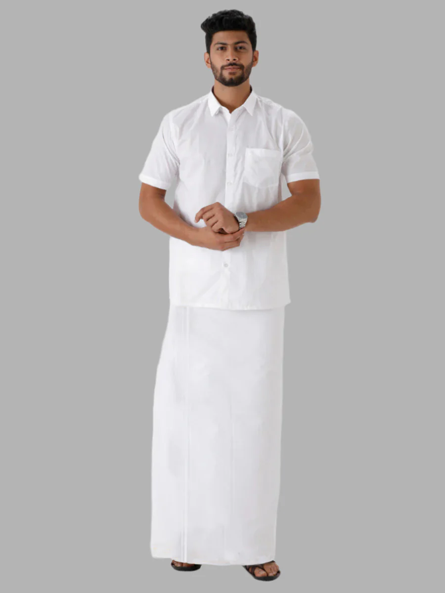 Men Linen Cotton Single Layer White Dhoti with Small Border - Image 2
