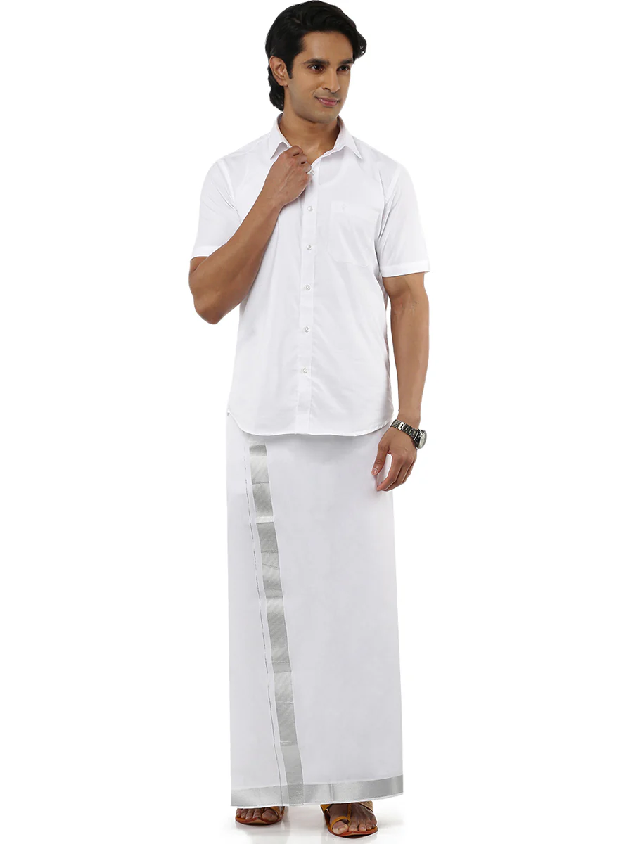 Men Cotton Blend Double Layer White Dhoti with 1 1/2" Jari Border Silver Bright - Image 2