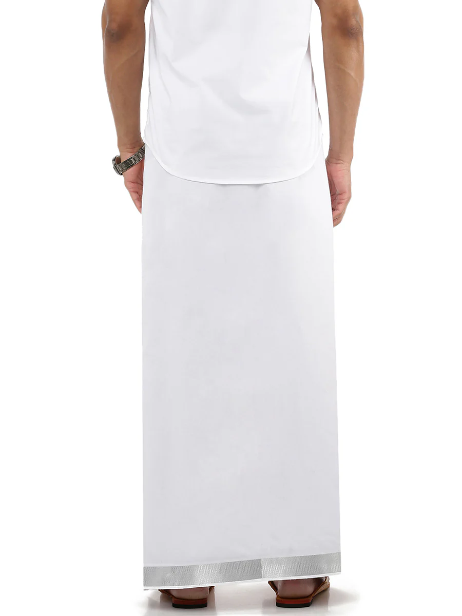 Men Cotton Blend Double Layer White Dhoti with 1 1/2" Jari Border Silver Bright - Image 3