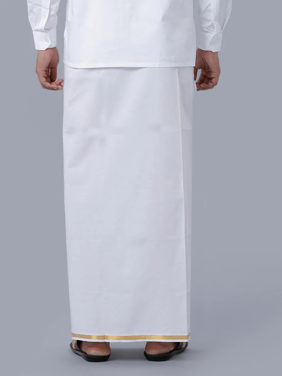 Men Cotton Blend Double Layer White Dhoti with 1/2" Gold Jari Border Golden Heart - Image 4