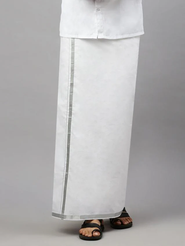 Men Cotton Blend Double Layer White Dhoti with 1" Jari Border Silver Rose