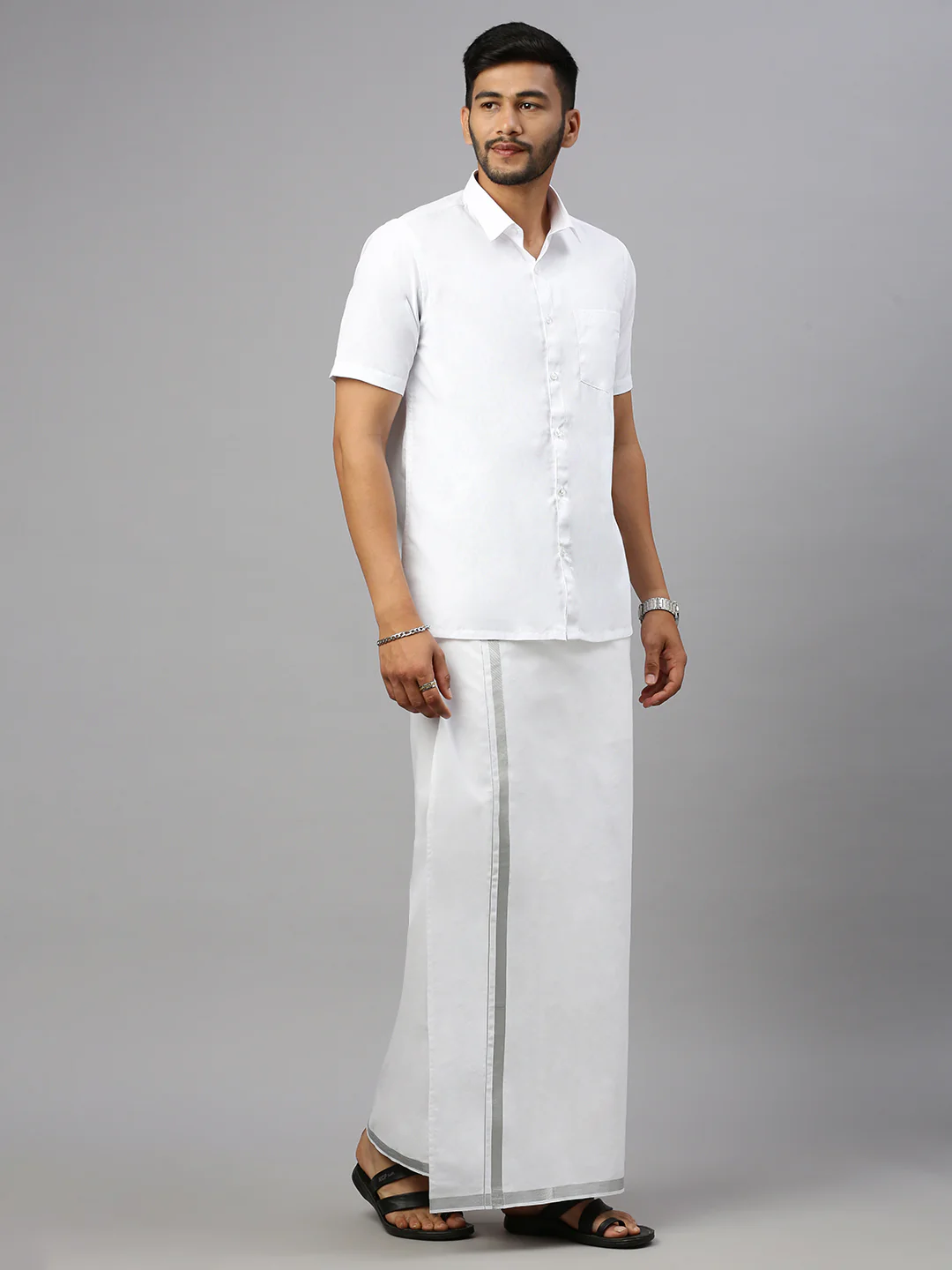 Men Cotton Blend Double Layer White Dhoti with 1" Jari Border Silver Rose - Image 3