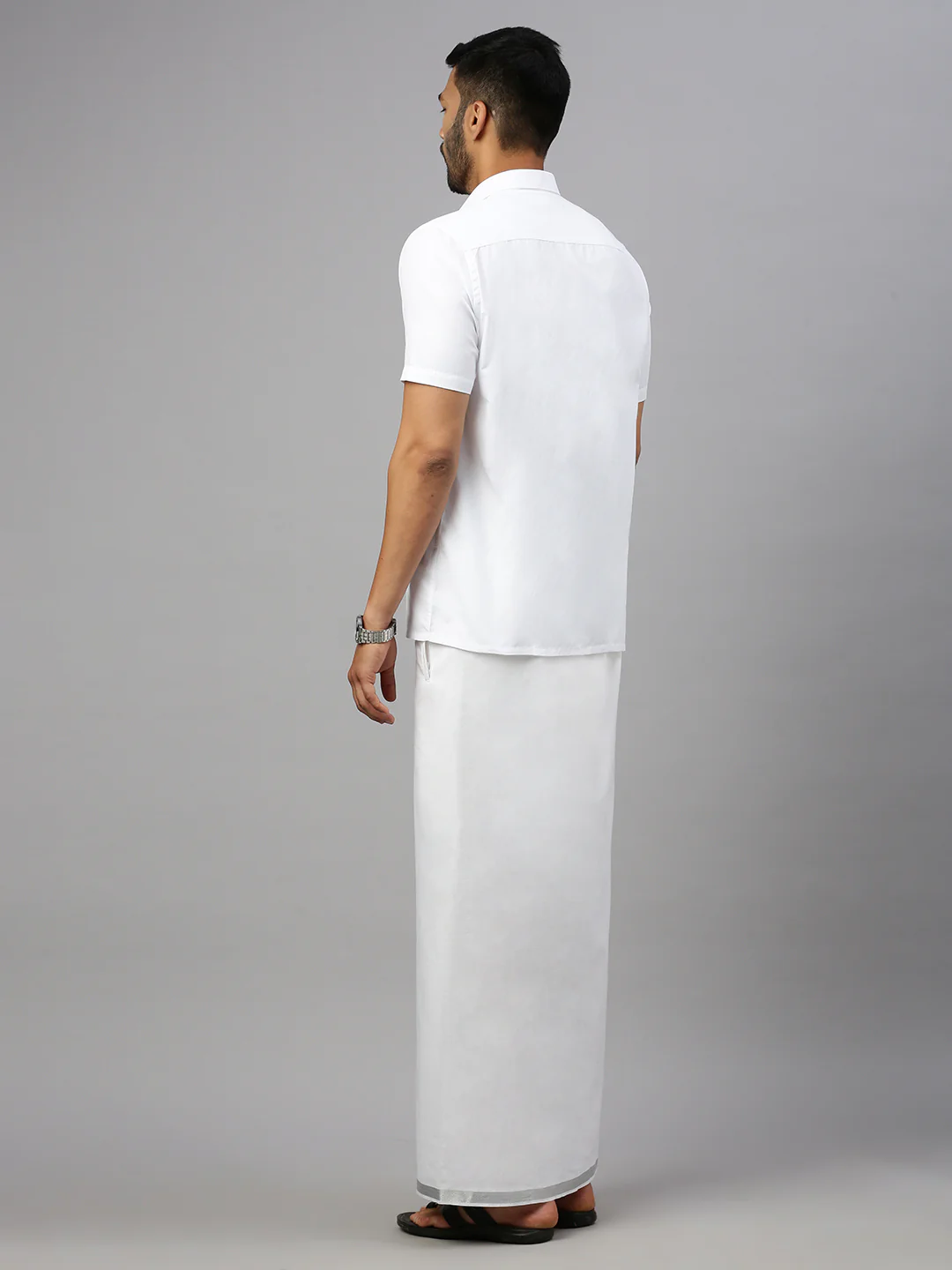 Men Cotton Blend Double Layer White Dhoti with 1" Jari Border Silver Rose - Image 4