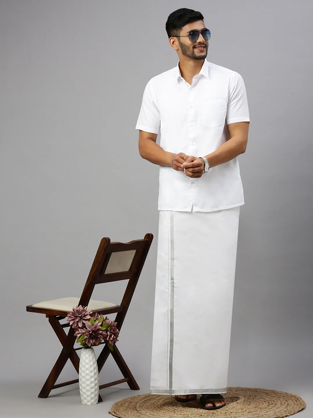 Men Cotton Blend Double Layer White Dhoti with 1" Jari Border Silver Rose - Image 5