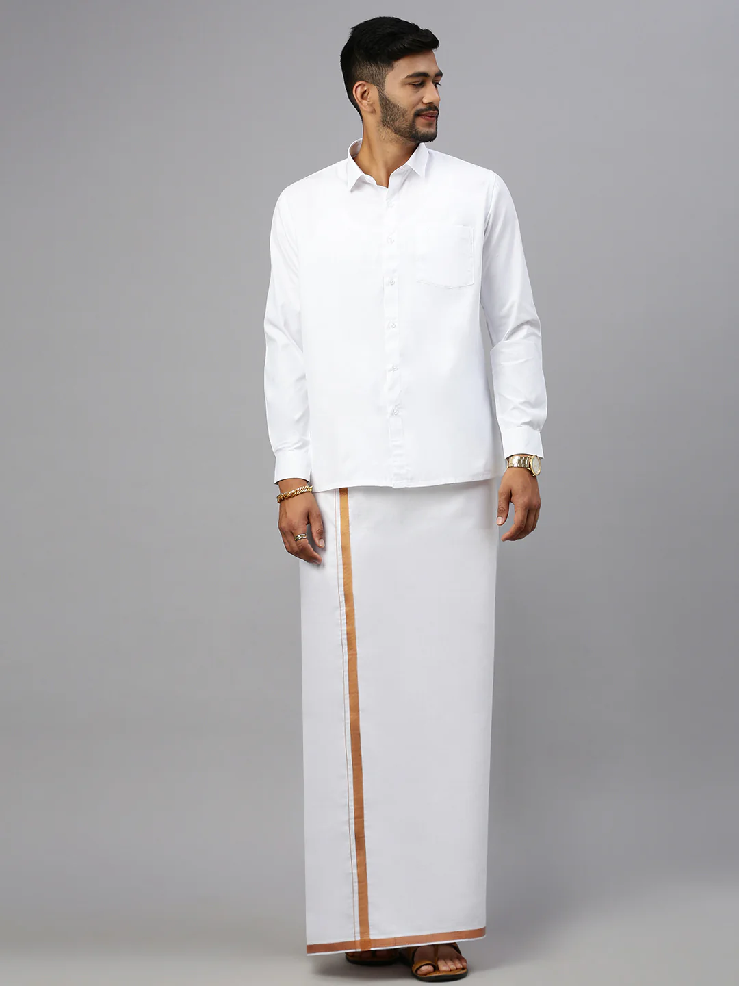 Men Cotton Blend Double Layer White Dhoti with 3/4" Copper Jari Border Mobility - Image 2