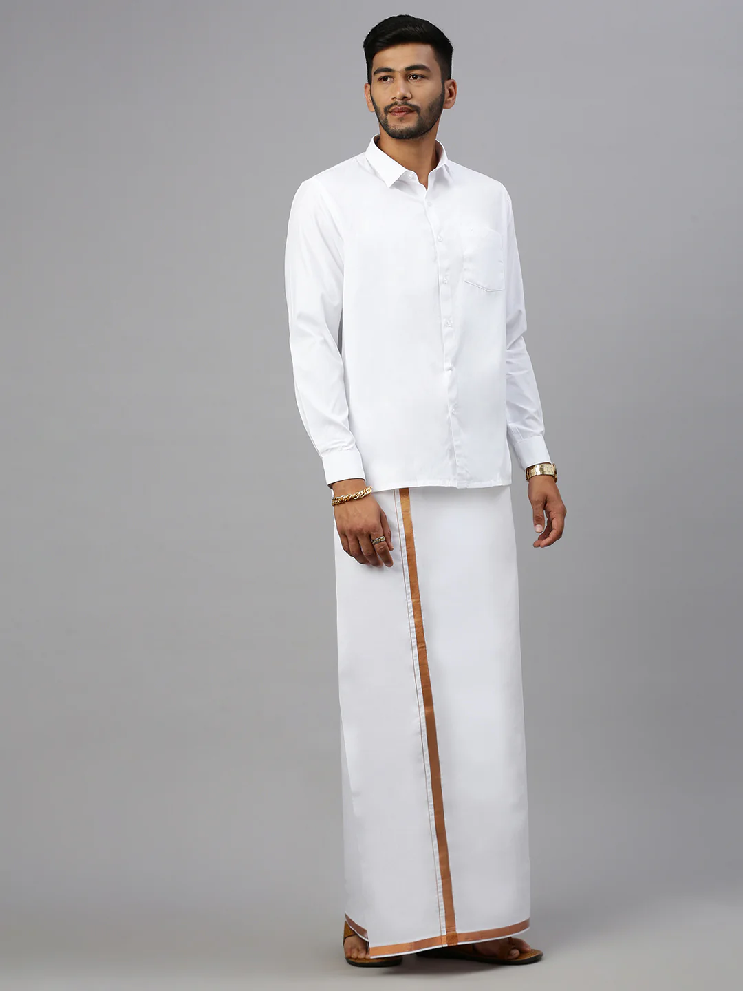Men Cotton Blend Double Layer White Dhoti with 3/4" Copper Jari Border Mobility - Image 3