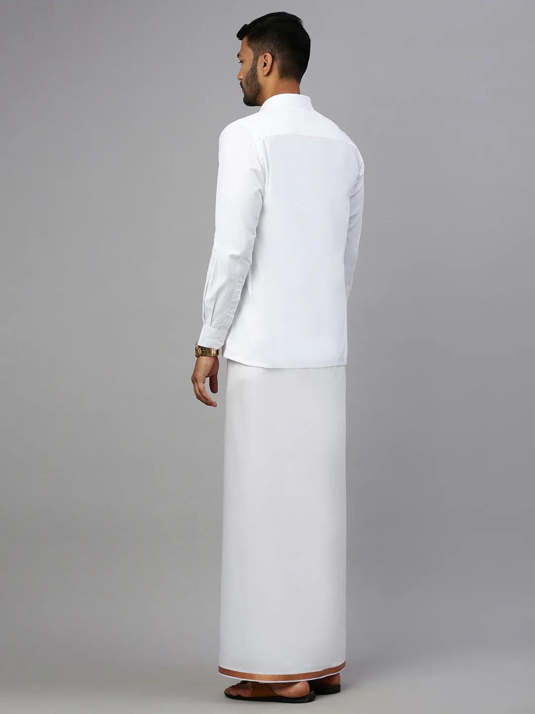 Men Cotton Blend Double Layer White Dhoti with 3/4" Copper Jari Border Mobility - Image 4
