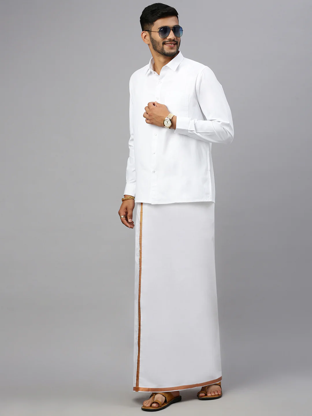 Men Cotton Blend Double Layer White Dhoti with 3/4" Copper Jari Border Mobility - Image 5