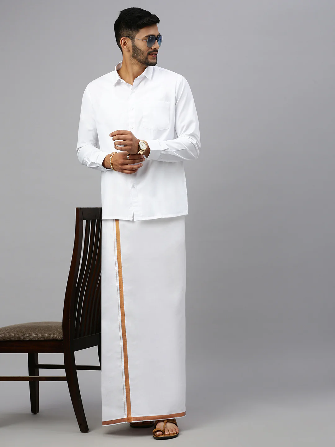 Men Cotton Blend Double Layer White Dhoti with 3/4" Copper Jari Border Mobility - Image 6