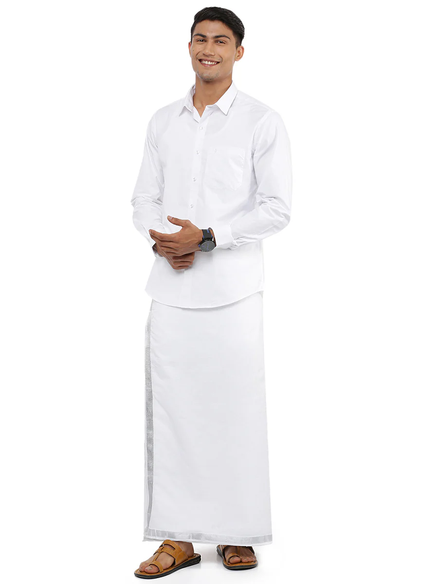 Men Cotton Blend Double Layer White Dhoti with 3/4" Jari Border Silver Heart - Image 2
