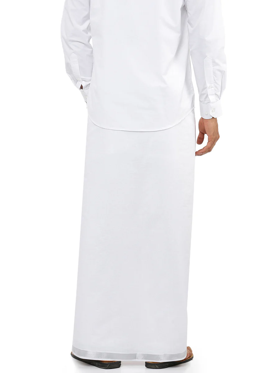 Men Cotton Blend Double Layer White Dhoti with 3/4" Jari Border Silver Heart - Image 3
