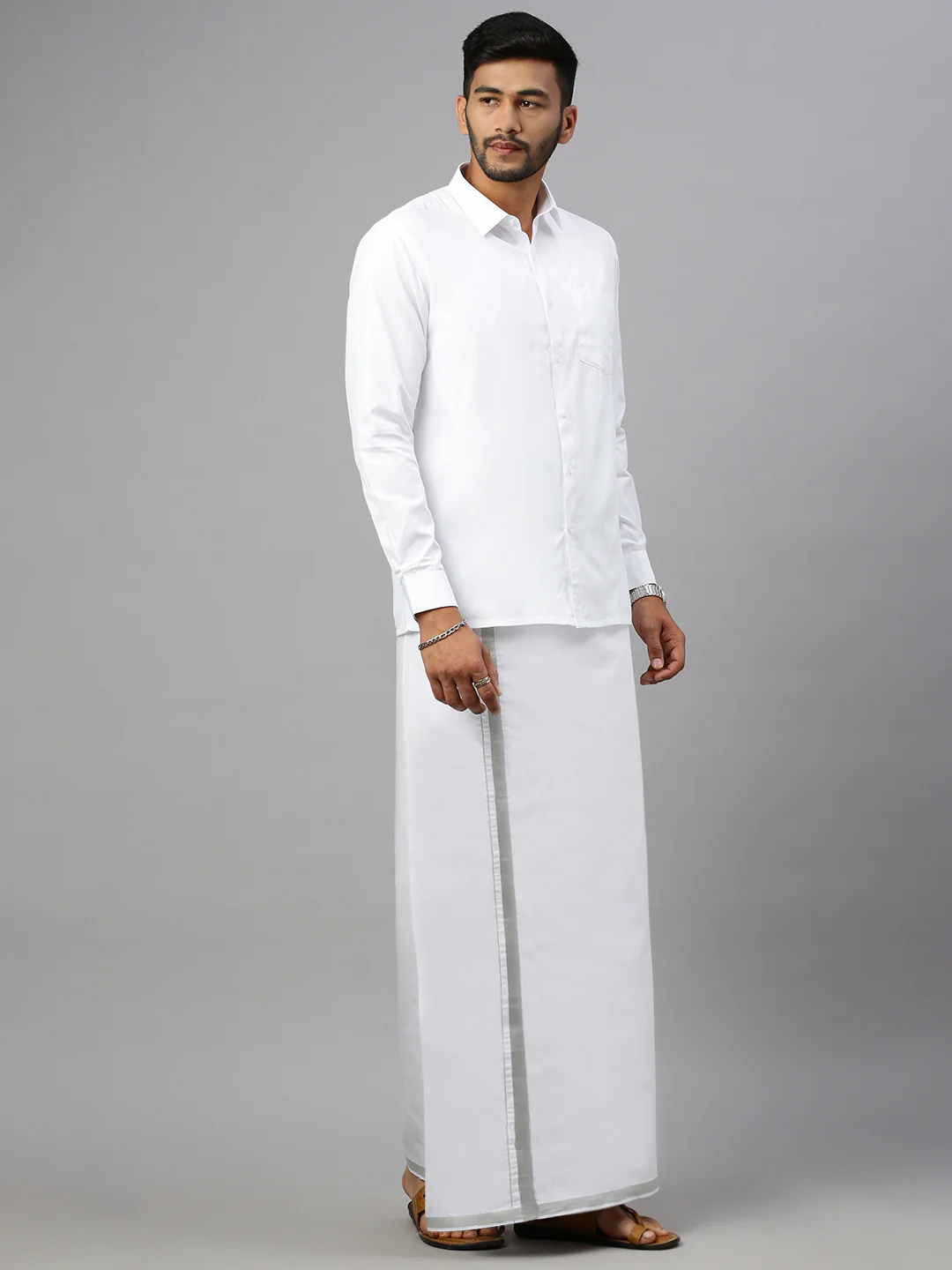 Men Cotton Blend Double Layer White Dhoti with 3/4"Silver Jari Border Ivory - Image 2